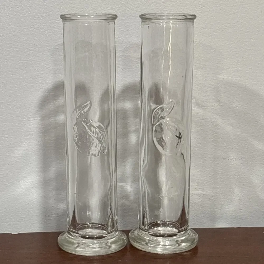 Test Tube Embossed Lemon Peach Fruit Bud Glass Vase Signed Les Verres Lot Of 2